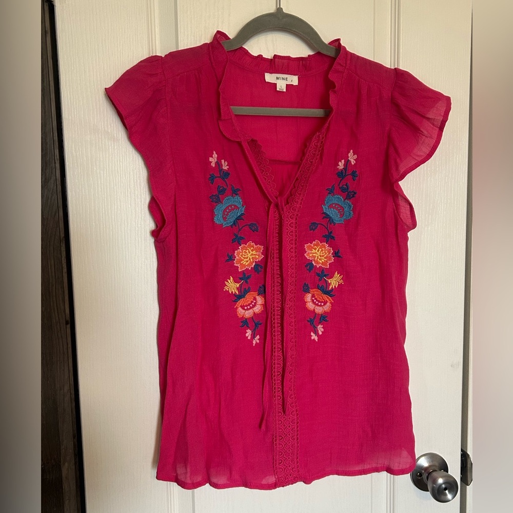 MINE
Hot Pink Embroidered Flutter Sleeve Blouse